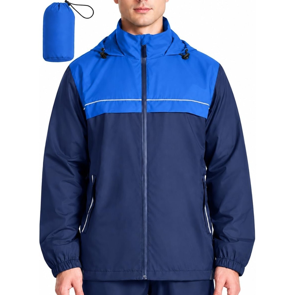 image:imageZITY Mens Waterproof Rain Jacket Windbreaker Raincoat Hooded amp MeshLinedDark BlueLight Blue