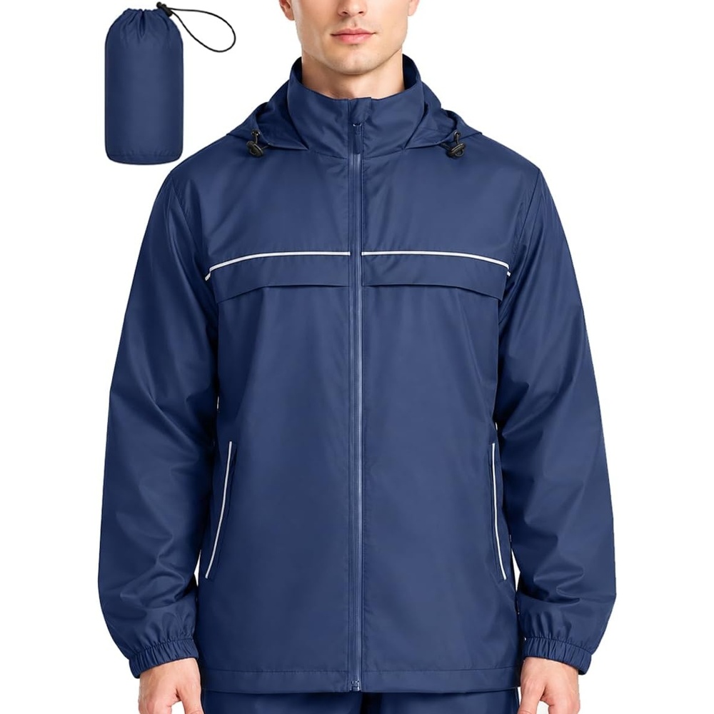 image:imageZITY Mens Waterproof Rain Jacket Windbreaker Raincoat Hooded amp MeshLinedNavy Blue