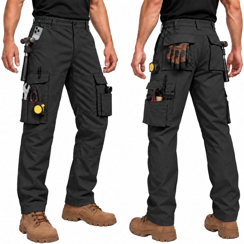 image:imageZITY Mens Work Pants 10Pocket Ripstop WaterResistant Cargo PantsBlack