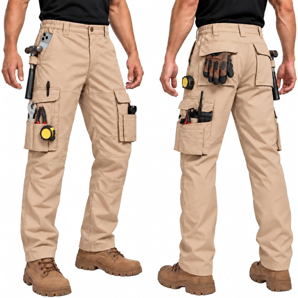 image:imageZITY Mens Work Pants 10Pocket Ripstop WaterResistant Cargo PantsLight Khaki