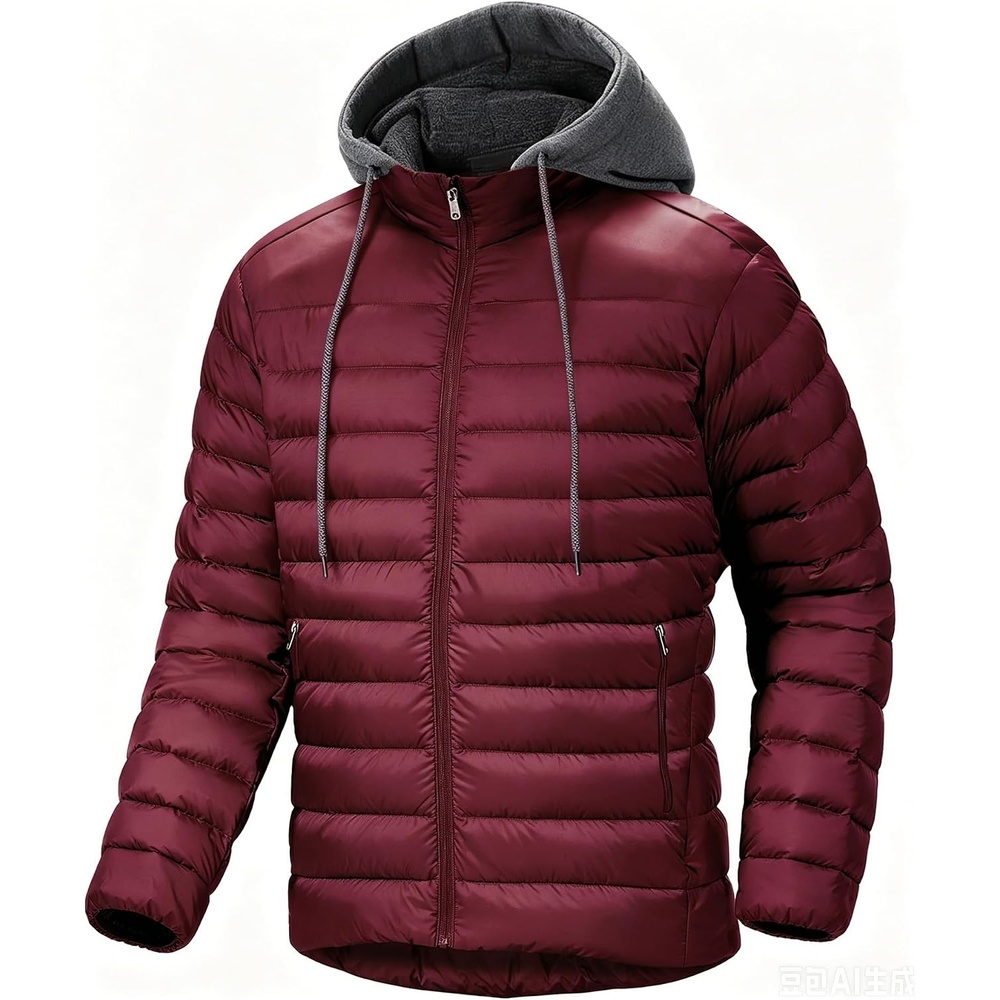 image:imageZITY Puffer Jacket Men Lightweight Winter Coat Hooded Puffy Warm JacketBurgundy