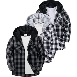 ZITY 3 Pack Mens Flannel Hoodie Shirts Button Down Plaid Shirt Long Sleeve(Dark Gray+white Black+black White Grid)
