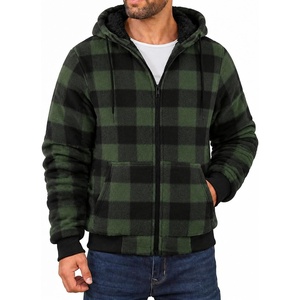ZITY Hoodies for Men Flannel Fleece Sweatshirt Plaid Full Zip Up Jacket Sherpa Lined Winter Warm Coat(Green)