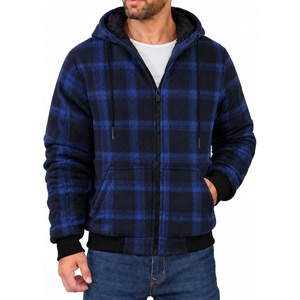 ZITY Hoodies for Men Flannel Fleece Sweatshirt Plaid Full Zip Up Jacket Sherpa Lined Winter Warm Coat(Navy)