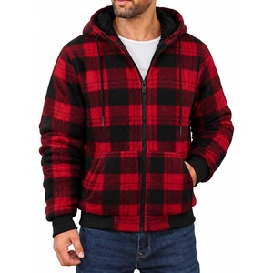 ZITY Hoodies for Men Flannel Fleece Sweatshirt Plaid Full Zip Up Jacket Sherpa Lined Winter Warm Coat(Red)