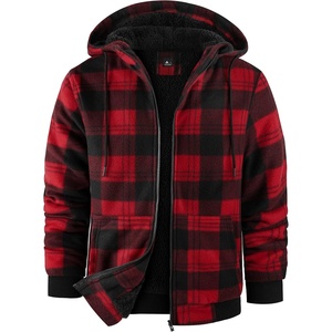ZITY Hoodies for Men Flannel Fleece Sweatshirt Plaid Zip Sherpa Lined Coat(Black Red)