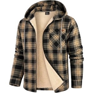 ZITY Mens Flannel Jacket Plaid Zip Up Hoodie Fleece Sherpa Lined Sweatshirt(Black Beige)