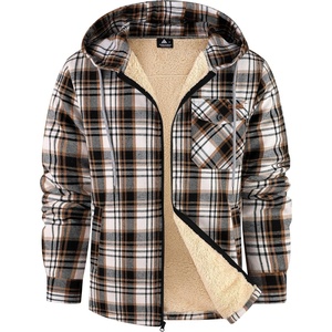 ZITY Mens Flannel Jacket Plaid Zip Up Hoodie Fleece Sherpa Lined Sweatshirt(Brown White)
