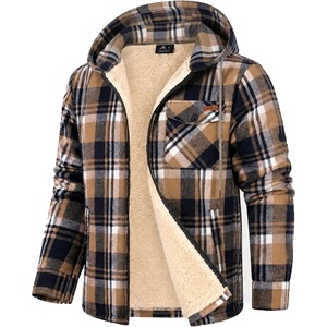 ZITY Mens Flannel Jacket Plaid Zip Up Hoodie Fleece Sherpa Lined Sweatshirt(Deep Blue Beige)