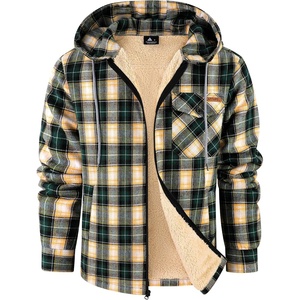 ZITY Mens Flannel Jacket Plaid Zip Up Hoodie Fleece Sherpa Lined Sweatshirt(Green Beige)