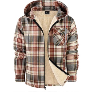 ZITY Mens Flannel Jacket Plaid Zip Up Hoodie Fleece Sherpa Lined Sweatshirt(Wine Red Beige)