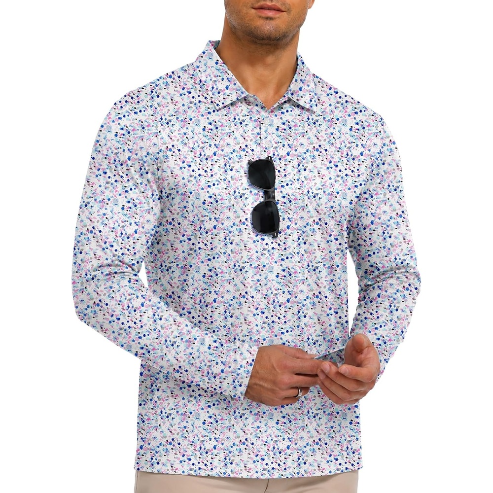 image:imageZITY Mens Long Sleeve Golf Shirts Print Polo Shirts UPF 50 Sun ShirtsPaint Splatters