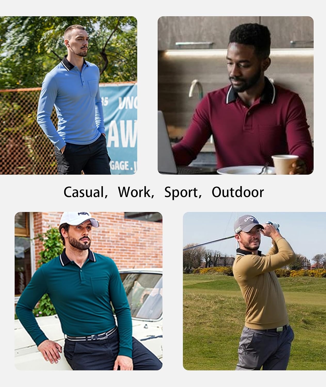 image:imageZITY 3 Pack Men Polo Shirts with Pocket Long Sleeve Athletic TShirtsBlack Duckblue Winered