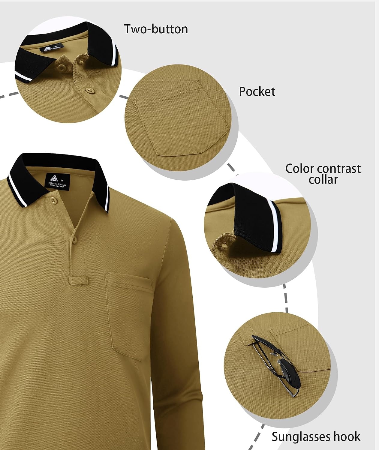 image:imageZITY 3 Pack Men Polo Shirts with Pocket Long Sleeve Athletic TShirtsBlack Green Khaki