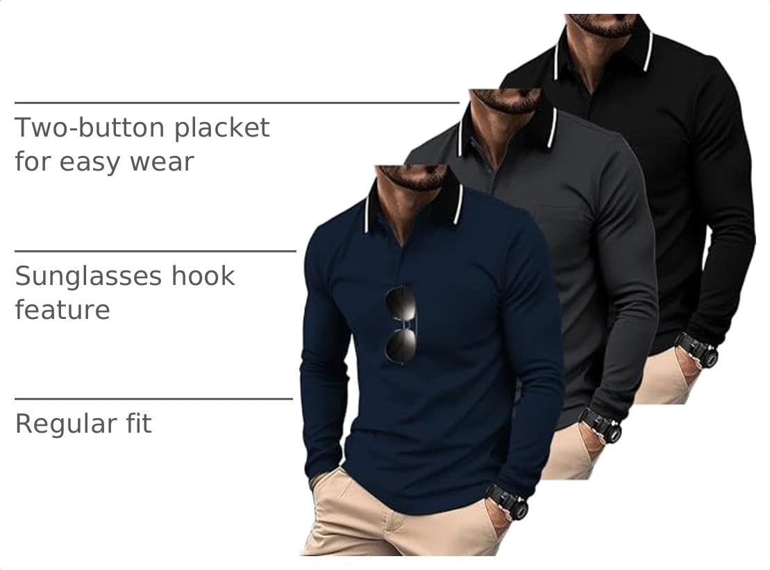 image:imageZITY 3 Pack Men Polo Shirts with Pocket Long Sleeve Athletic TShirtsBlack Grey Navy