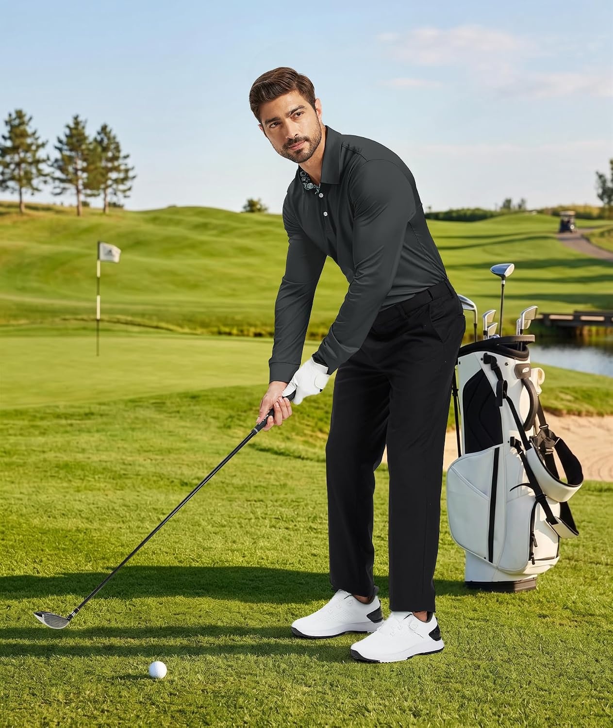 image:imageZITY Mens Long Sleeve Polo Shirts Casual Collared Golf ShirtsGrey