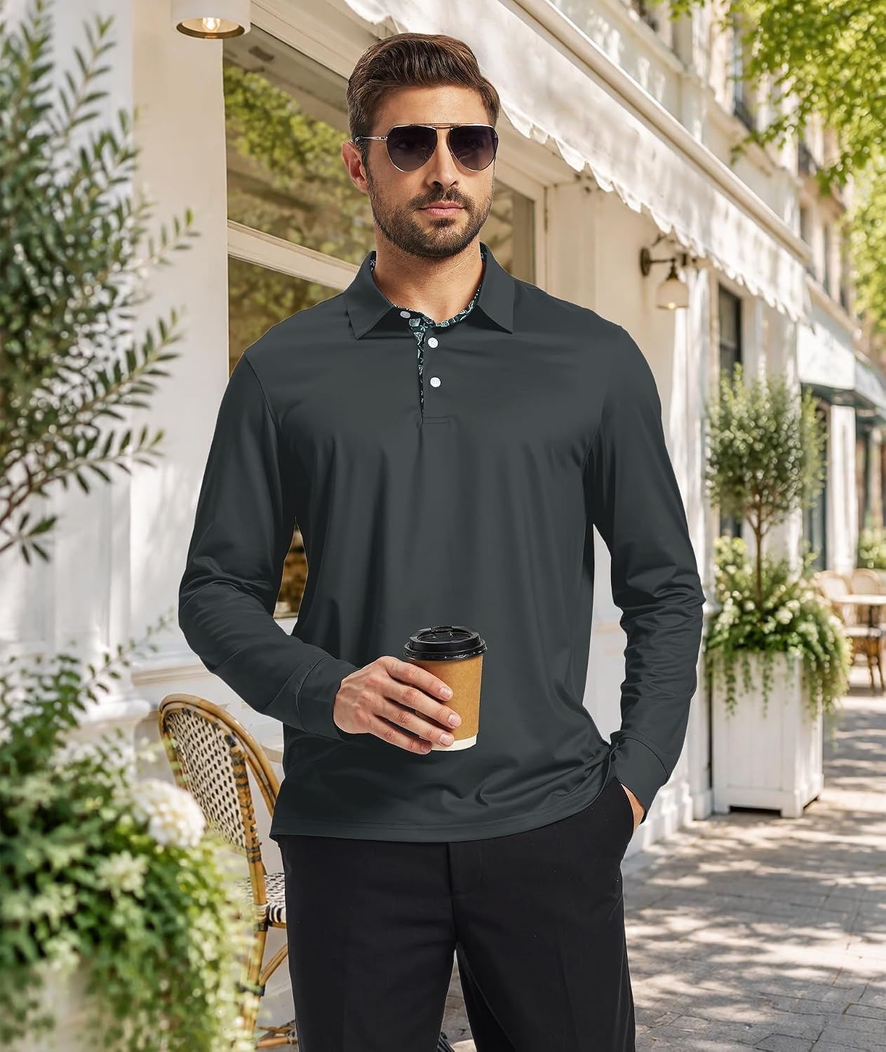 image:imageZITY Mens Long Sleeve Polo Shirts Casual Collared Golf ShirtsGrey