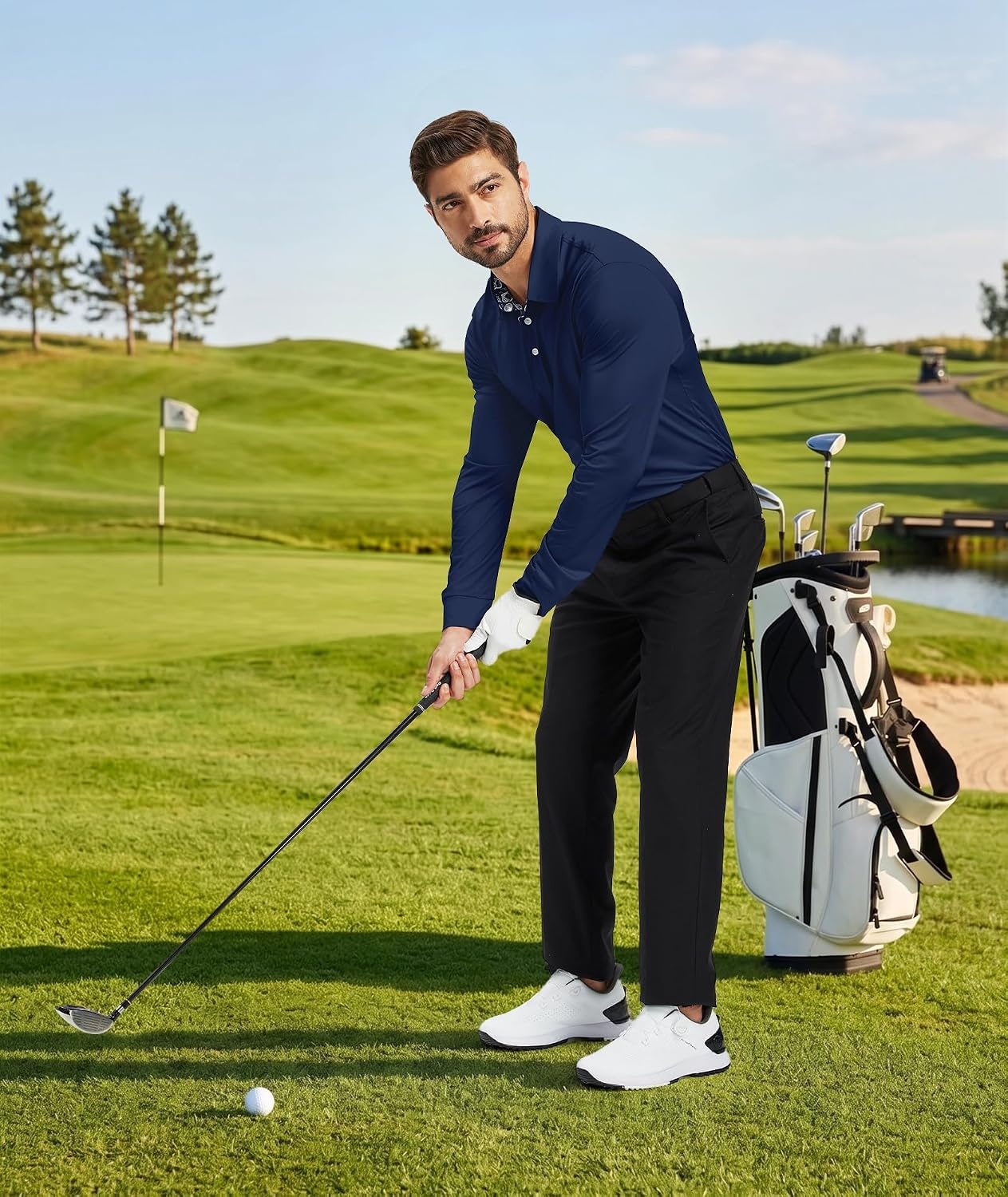 image:imageZITY Mens Long Sleeve Polo Shirts Casual Collared Golf ShirtsNavy