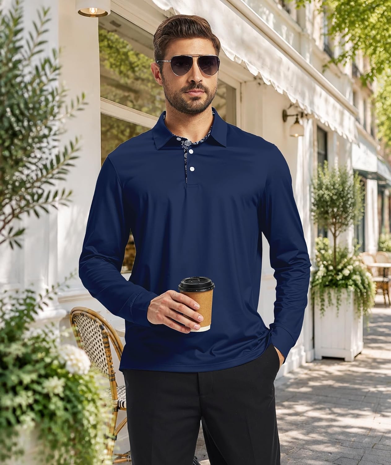 image:imageZITY Mens Long Sleeve Polo Shirts Casual Collared Golf ShirtsNavy
