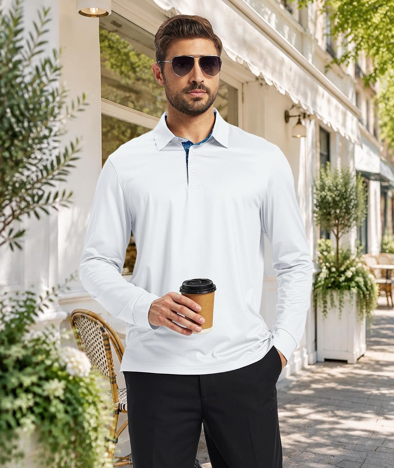 image:imageZITY Mens Long Sleeve Polo Shirts Casual Collared Golf ShirtsWhite