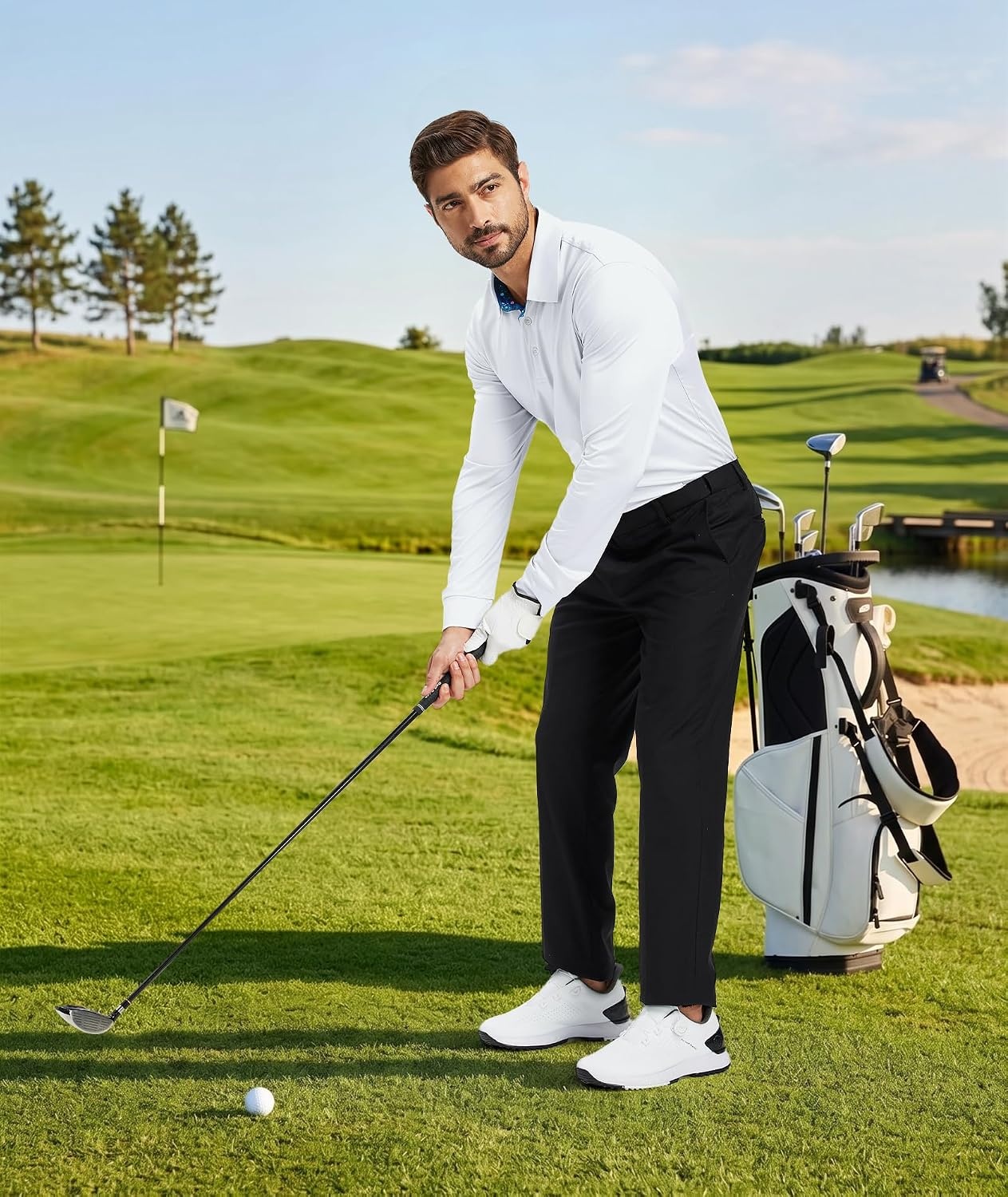 image:imageZITY Mens Long Sleeve Polo Shirts Casual Collared Golf ShirtsWhite