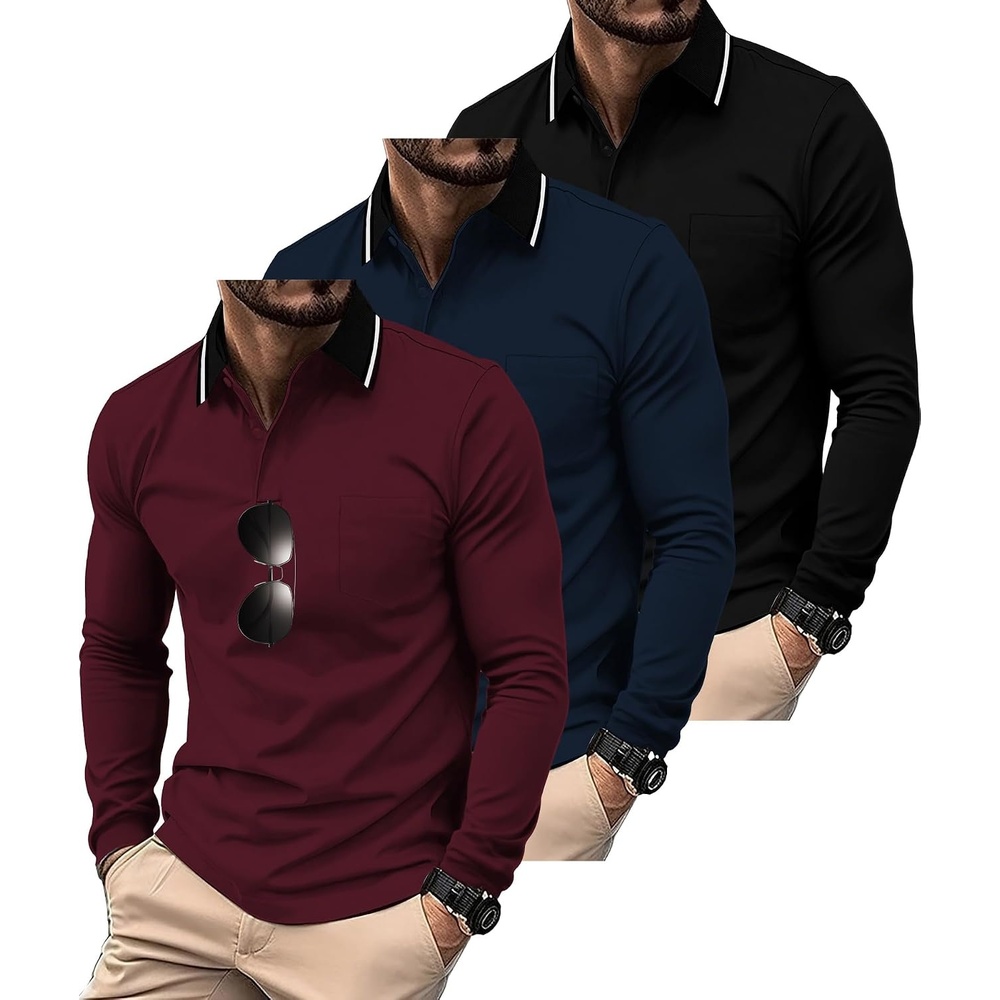 image:imageZITY 3 Pack Men Polo Shirts with Pocket Long Sleeve Athletic TShirtsBlack Winered Navy