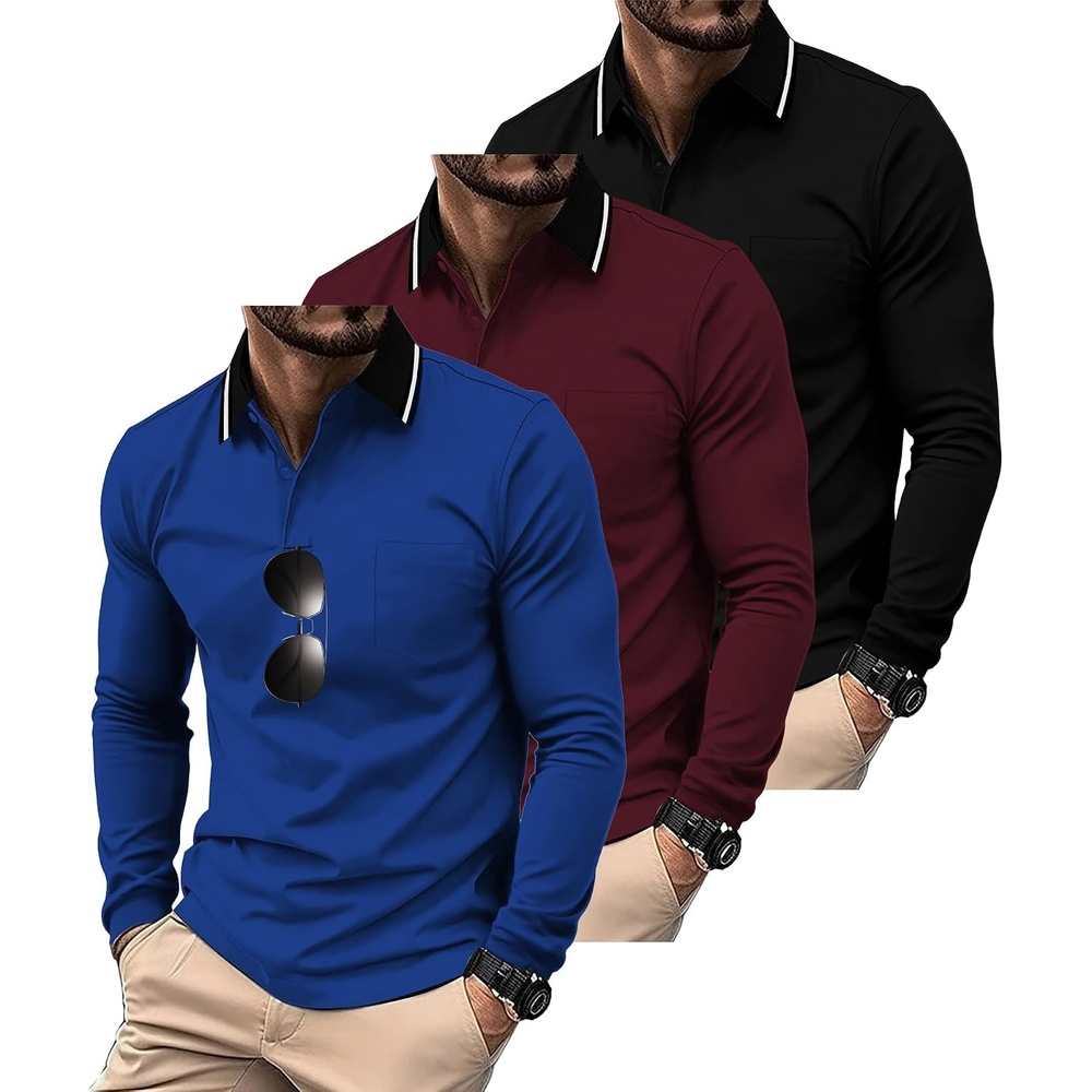 image:imageZITY 3 Pack Men Polo Shirts with Pocket Long Sleeve Athletic TShirtsBlack Winered Sapphireblue