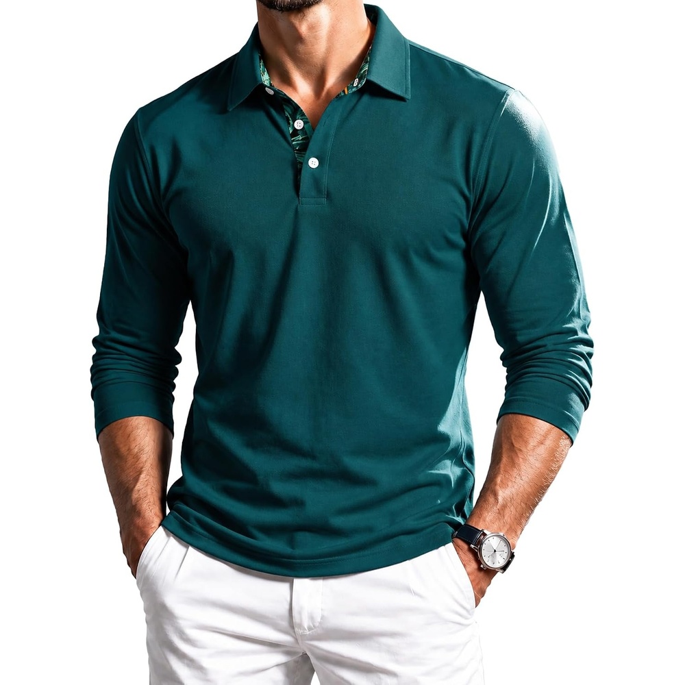 image:imageZITY Mens Long Sleeve Polo Shirts Casual Collared Golf ShirtsDark Blue Green