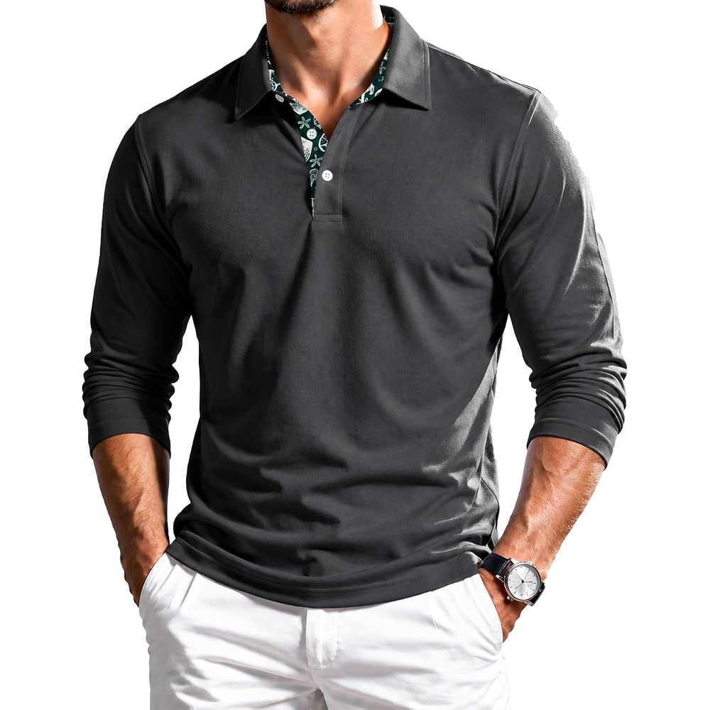 image:imageZITY Mens Long Sleeve Polo Shirts Casual Collared Golf ShirtsGrey