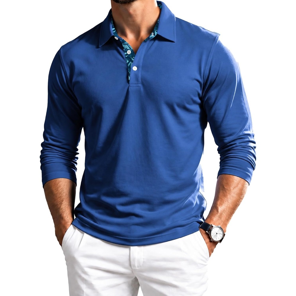 image:imageZITY Mens Long Sleeve Polo Shirts Casual Collared Golf ShirtsPrussian Blue