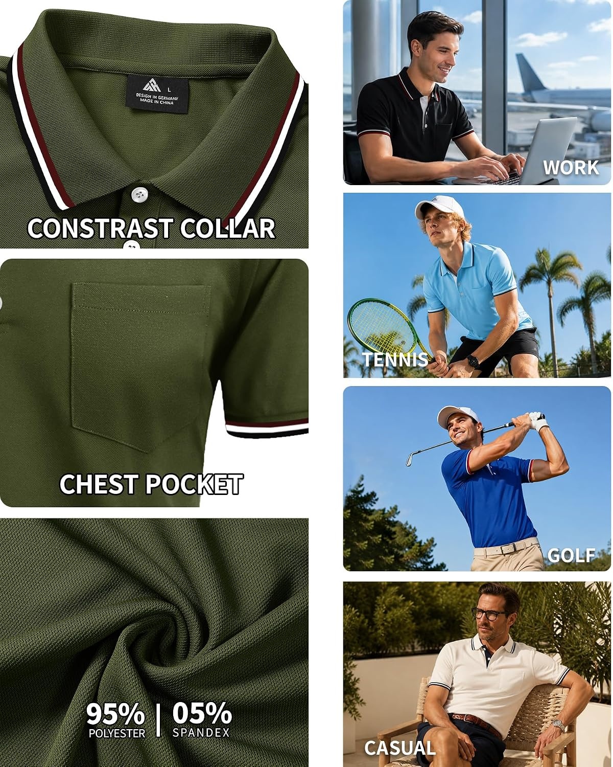 image:imageZITY Mens Polo Shirts with Pocket Moisture Wicking Collared Golf ShirtsArmy Green