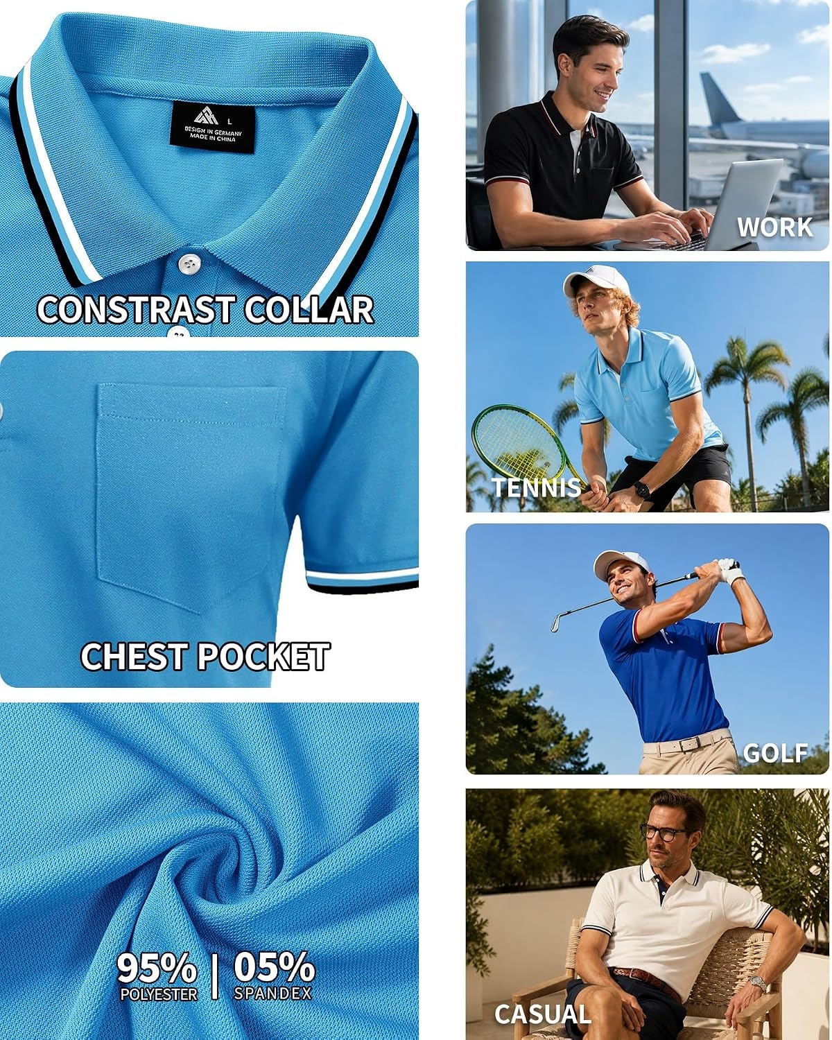 image:imageZITY Mens Polo Shirts with Pocket Moisture Wicking Collared Golf ShirtsBlue Green