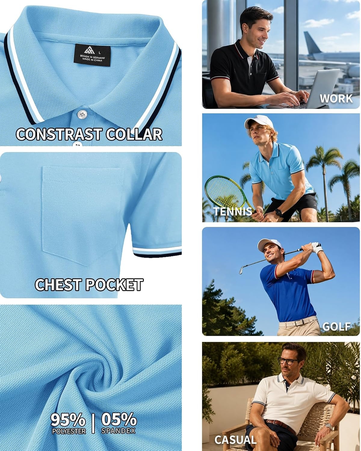 image:imageZITY Mens Polo Shirts with Pocket Moisture Wicking Collared Golf ShirtsMoon Blue