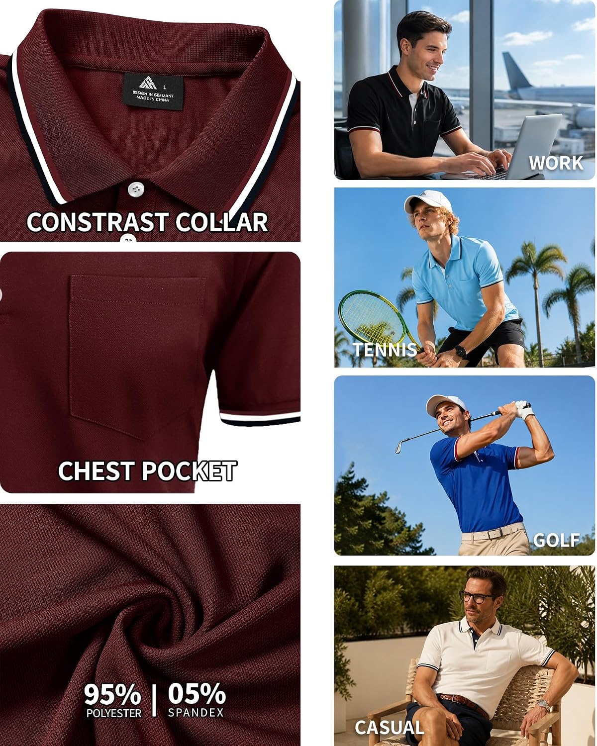image:imageZITY Mens Polo Shirts with Pocket Moisture Wicking Collared Golf ShirtsWine Red