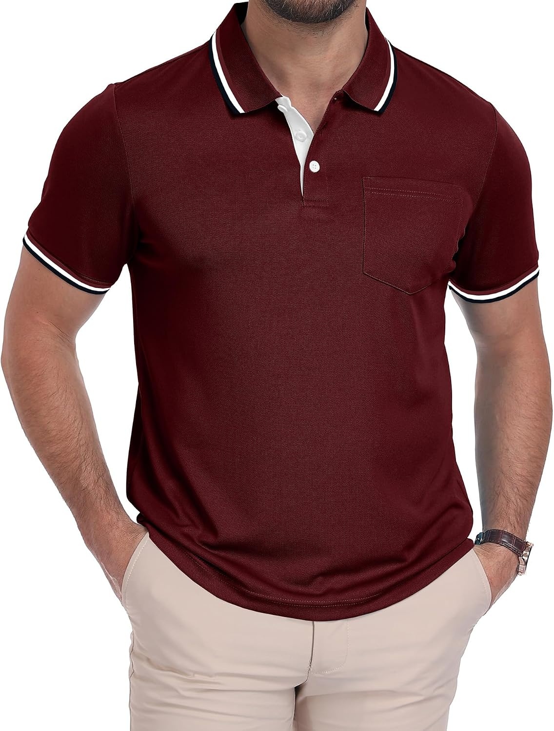 image:imageZITY Mens Polo Shirts with Pocket Moisture Wicking Collared Golf ShirtsWine Red