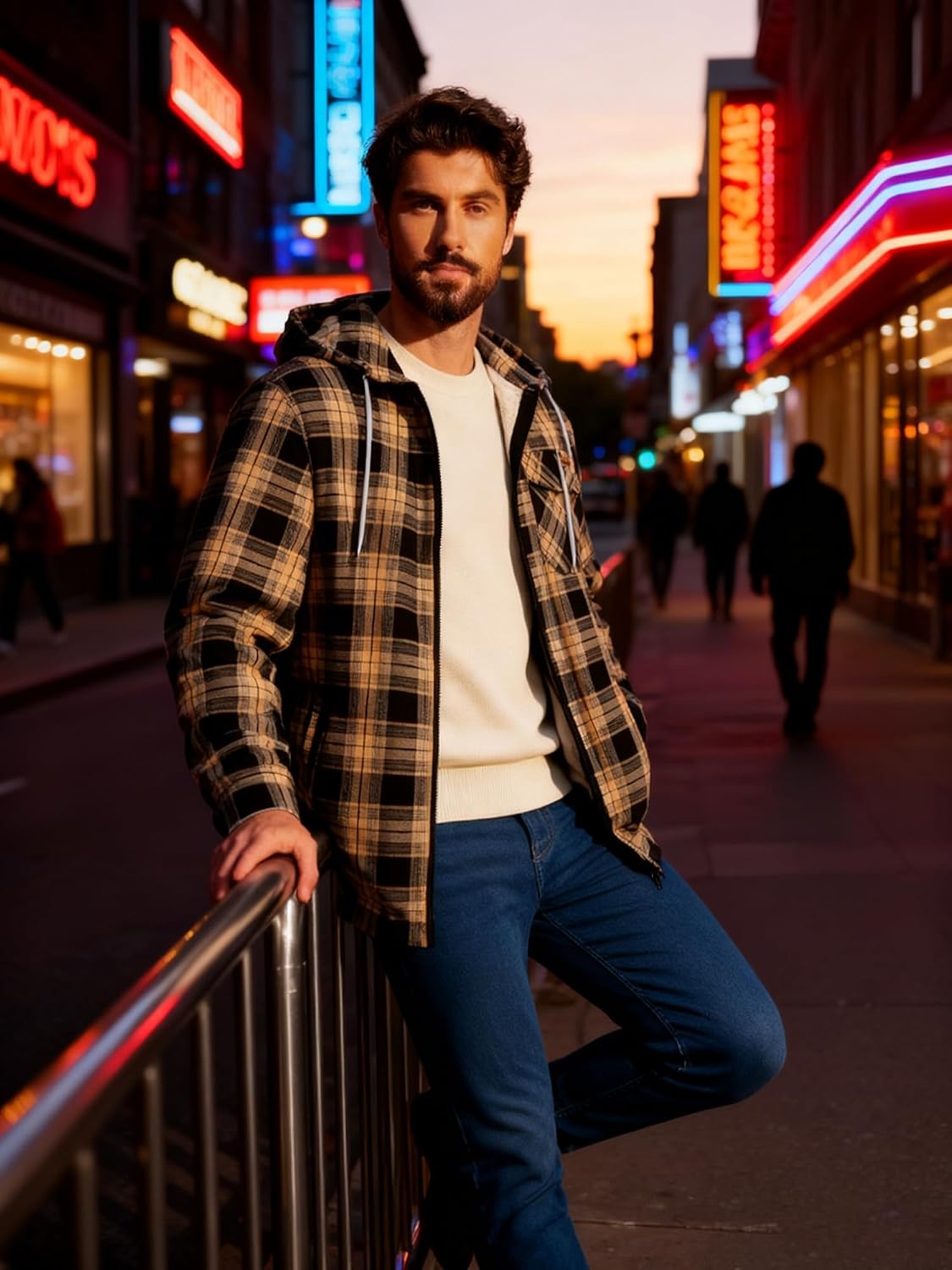 image:imageZITY Mens Flannel Shirt Jacket Plaid Cotton Hoodie Coat