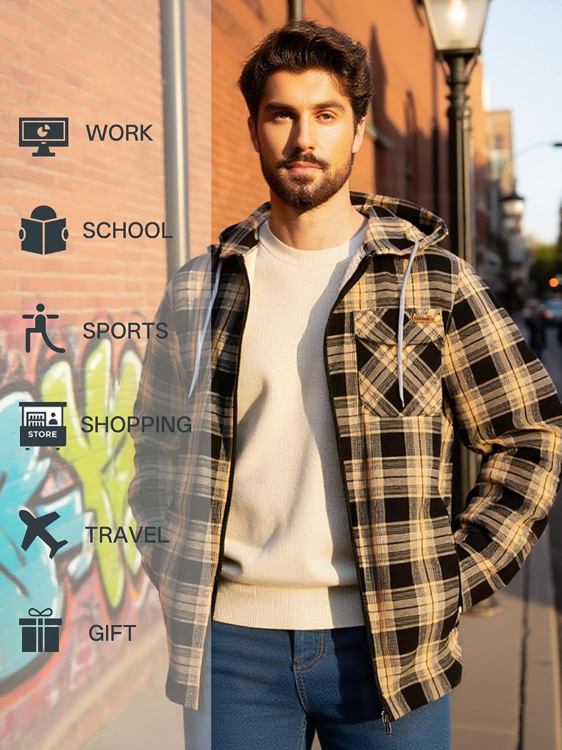image:imageZITY Mens Flannel Shirt Jacket Plaid Cotton Hoodie Coat