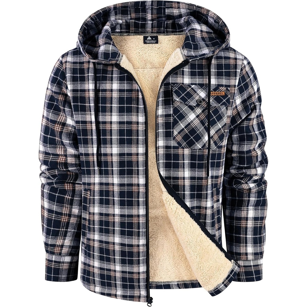 image:imageZITY Mens Flannel Jacket Plaid Zip Up Hoodie Fleece Jacket Sherpa Lined Sweatshirt Warm Winter Coat with Pocket