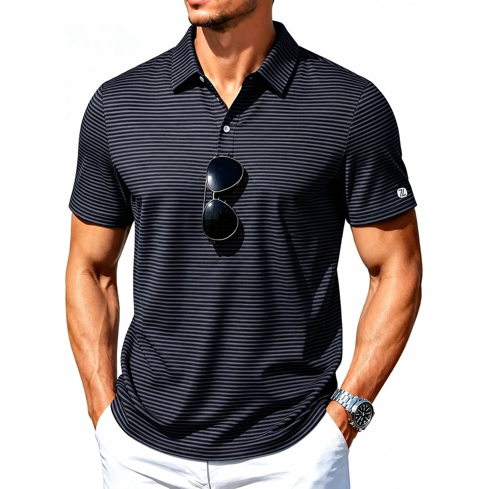 image:imageZITY Mens Golf Shirt Short Sleeve UPF 50 Performance Moisture Wicking Casual Striped Collared Polo Shirts M