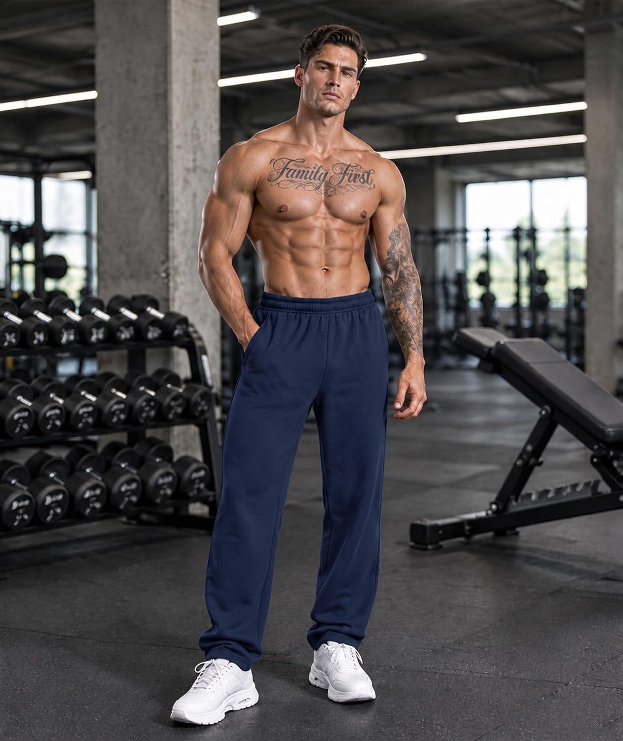 image:image3 Pack Mens Open Bottom Sweatpants Athletic Lounge Pants with PocketsArmygreennavyblacklightgreydarkgrey