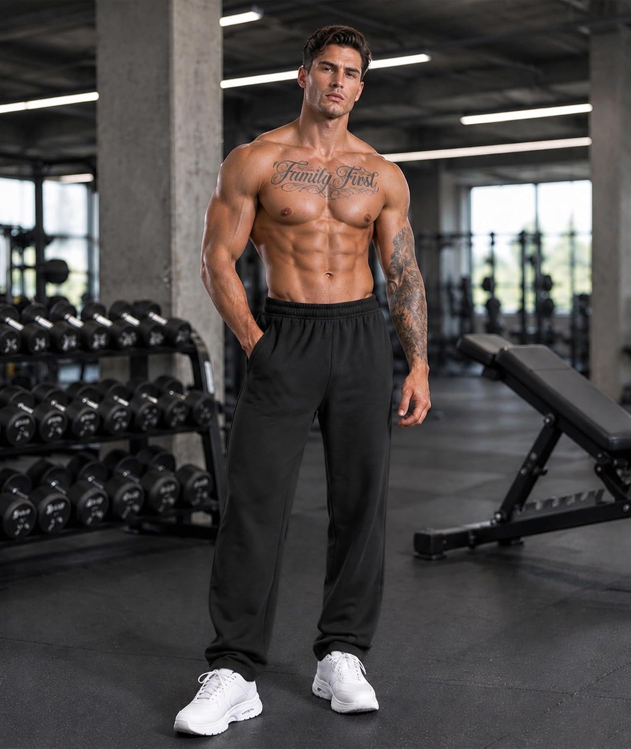 image:image3 Pack Mens Open Bottom Sweatpants Athletic Lounge Pants with PocketsBlacknavyarmygreen
