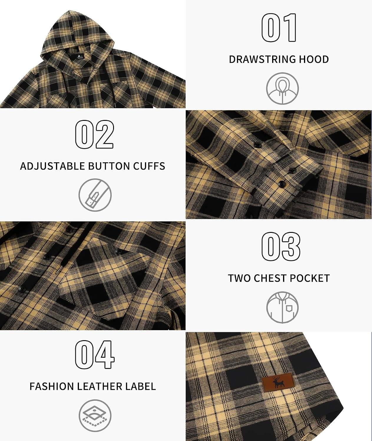 image:imageMens Flannel Hoodie Lightweight Button Down Long Sleeve Shirts with PocketBlack Yellow