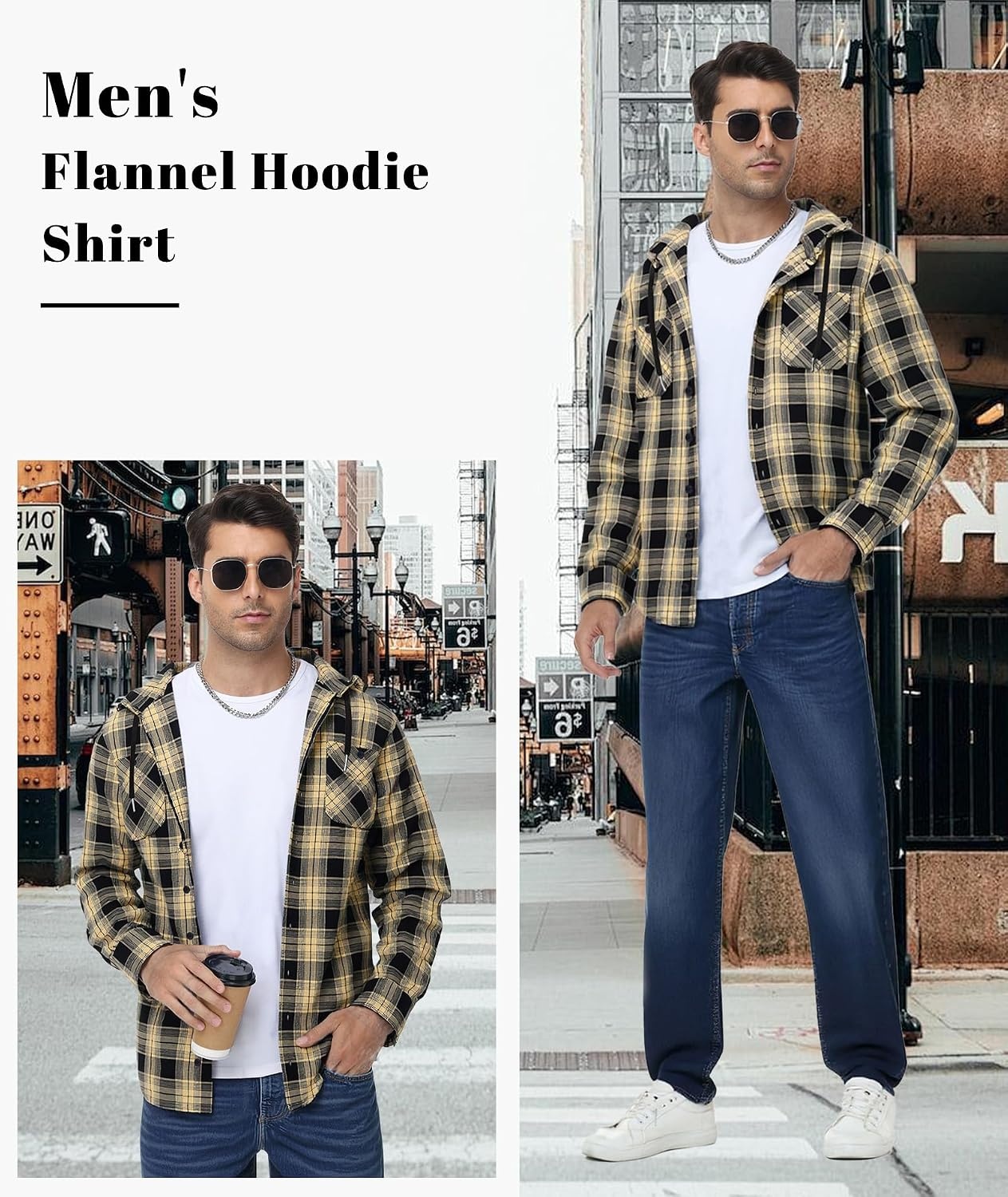 image:imageMens Flannel Hoodie Lightweight Button Down Long Sleeve Shirts with PocketBlack Yellow