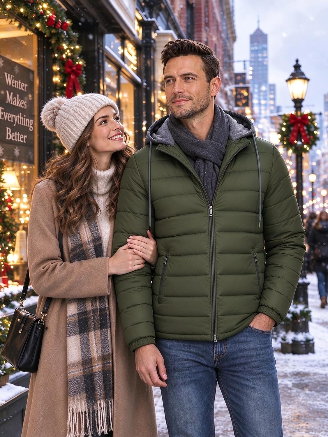 image:imagePuffer Jacket Men Lightweight Winter Coat Hooded Puffy Warm JacketArmy Green