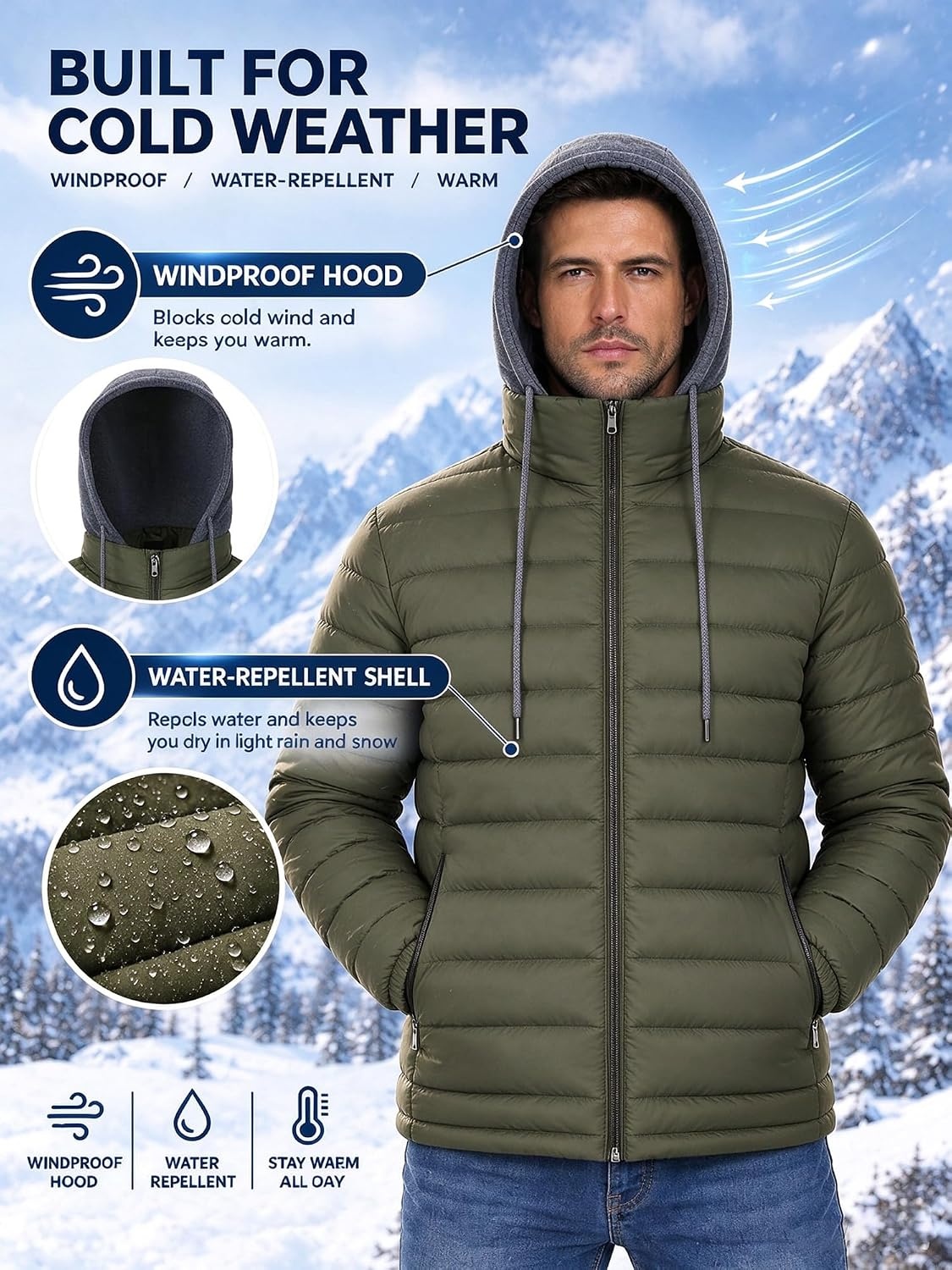 image:imagePuffer Jacket Men Lightweight Winter Coat Hooded Puffy Warm JacketArmy Green