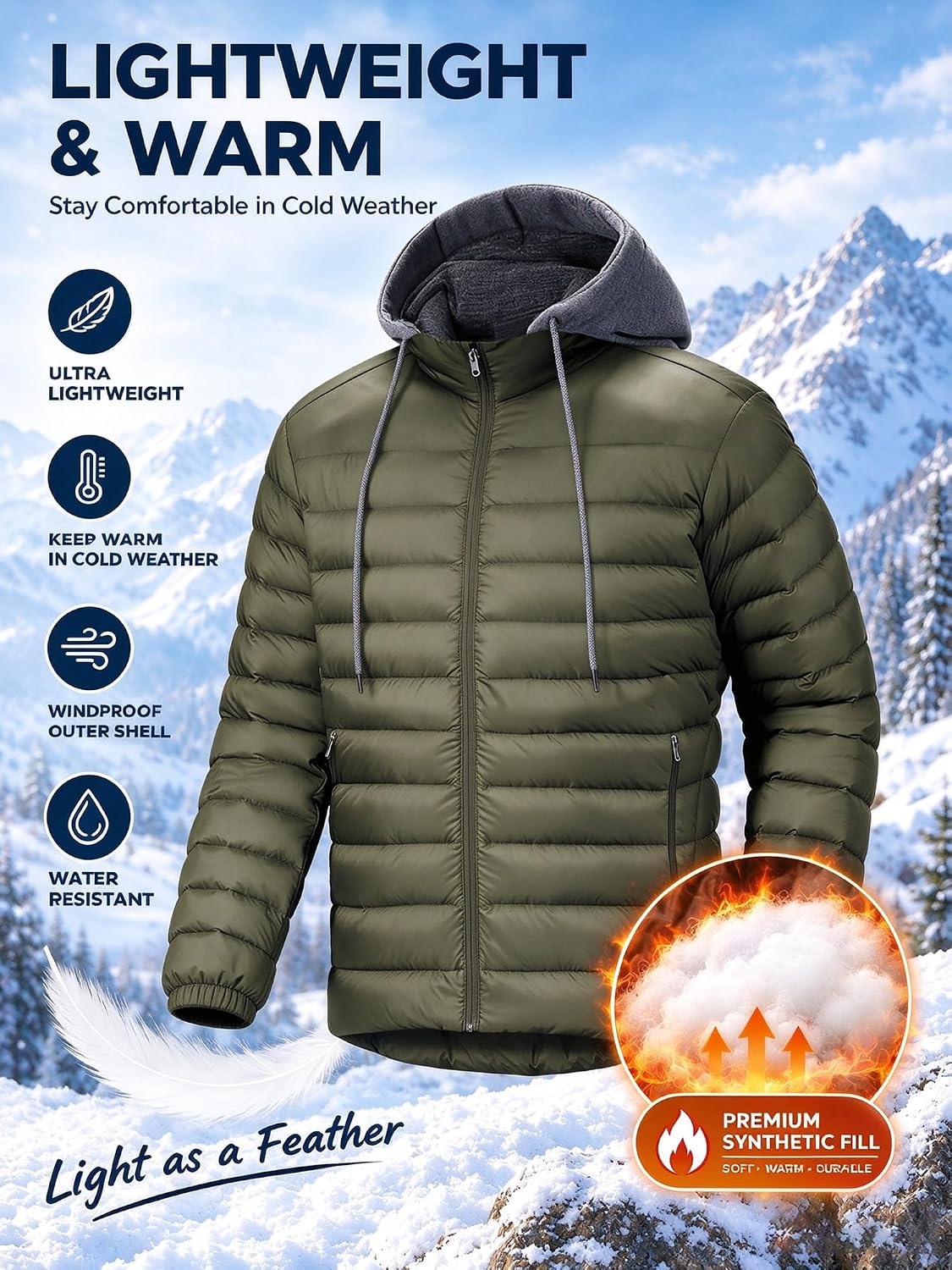 image:imagePuffer Jacket Men Lightweight Winter Coat Hooded Puffy Warm JacketArmy Green
