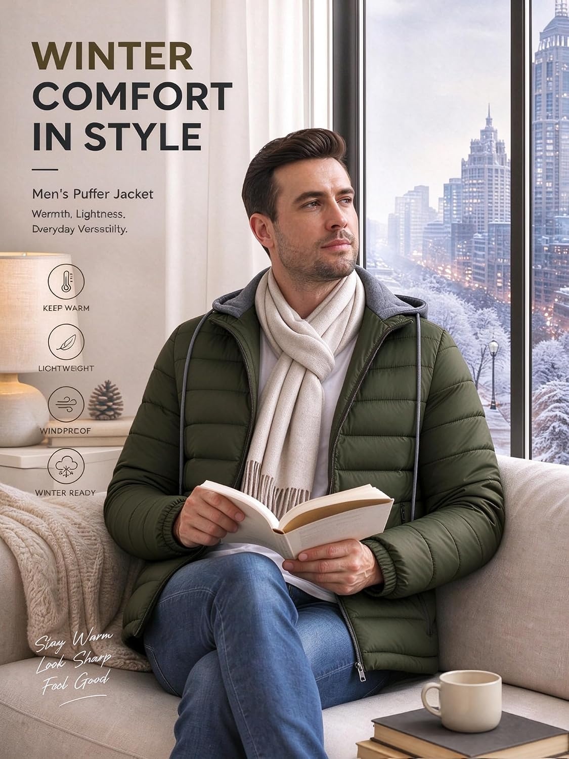 image:imagePuffer Jacket Men Lightweight Winter Coat Hooded Puffy Warm JacketArmy Green