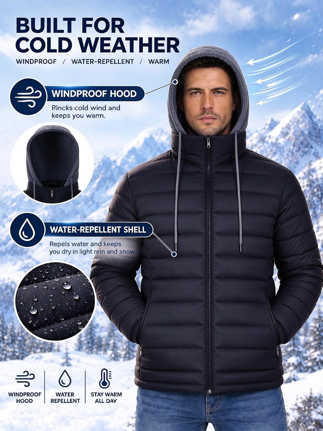 image:imagePuffer Jacket Men Lightweight Winter Coat Hooded Puffy Warm JacketBlack