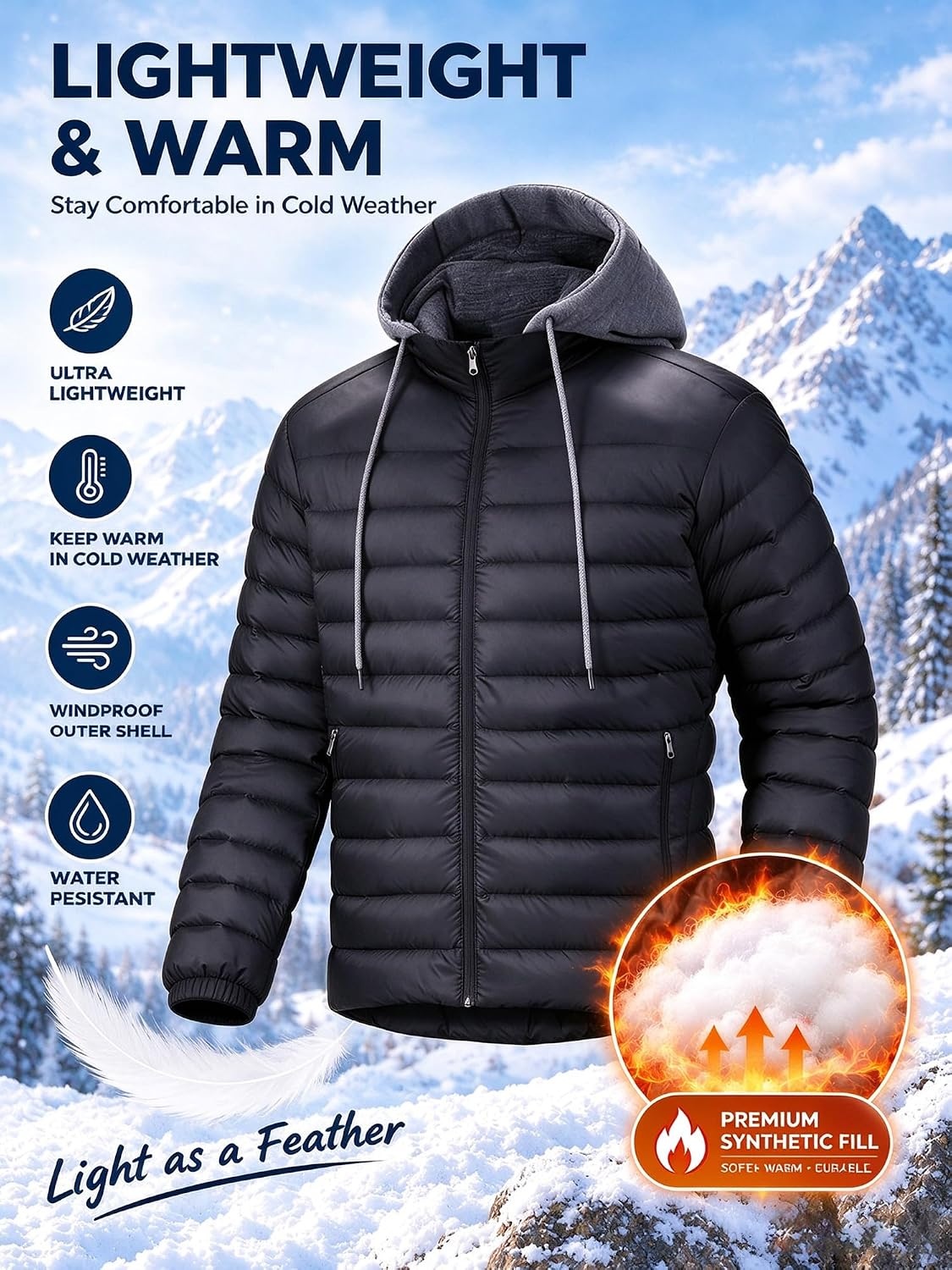 image:imagePuffer Jacket Men Lightweight Winter Coat Hooded Puffy Warm JacketBlack