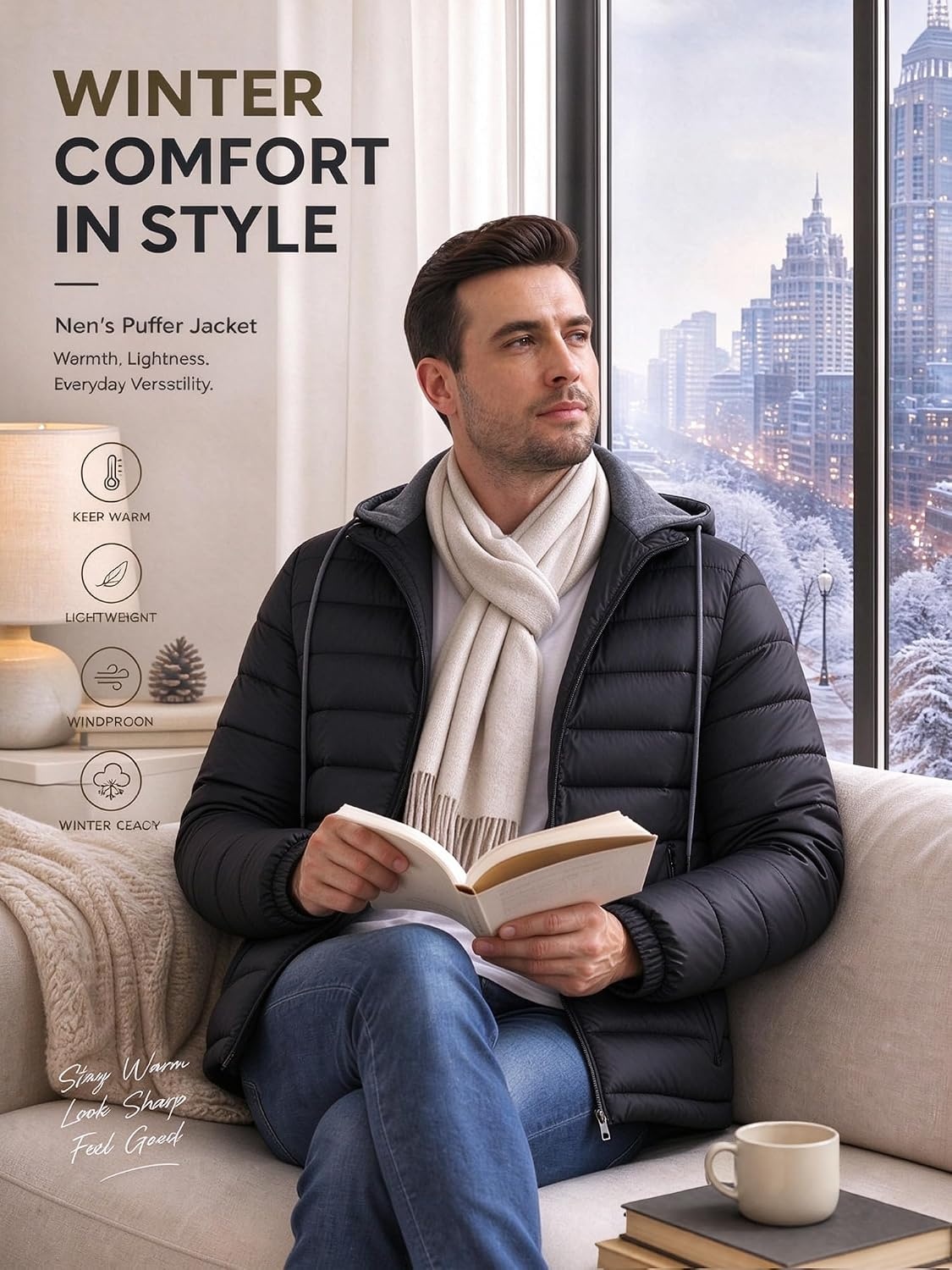 image:imagePuffer Jacket Men Lightweight Winter Coat Hooded Puffy Warm JacketBlack